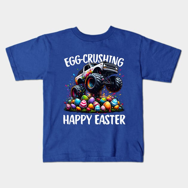 Egg-crushing Happy Easter Monster Truck Kids T-Shirt by IKIGAISEKAI